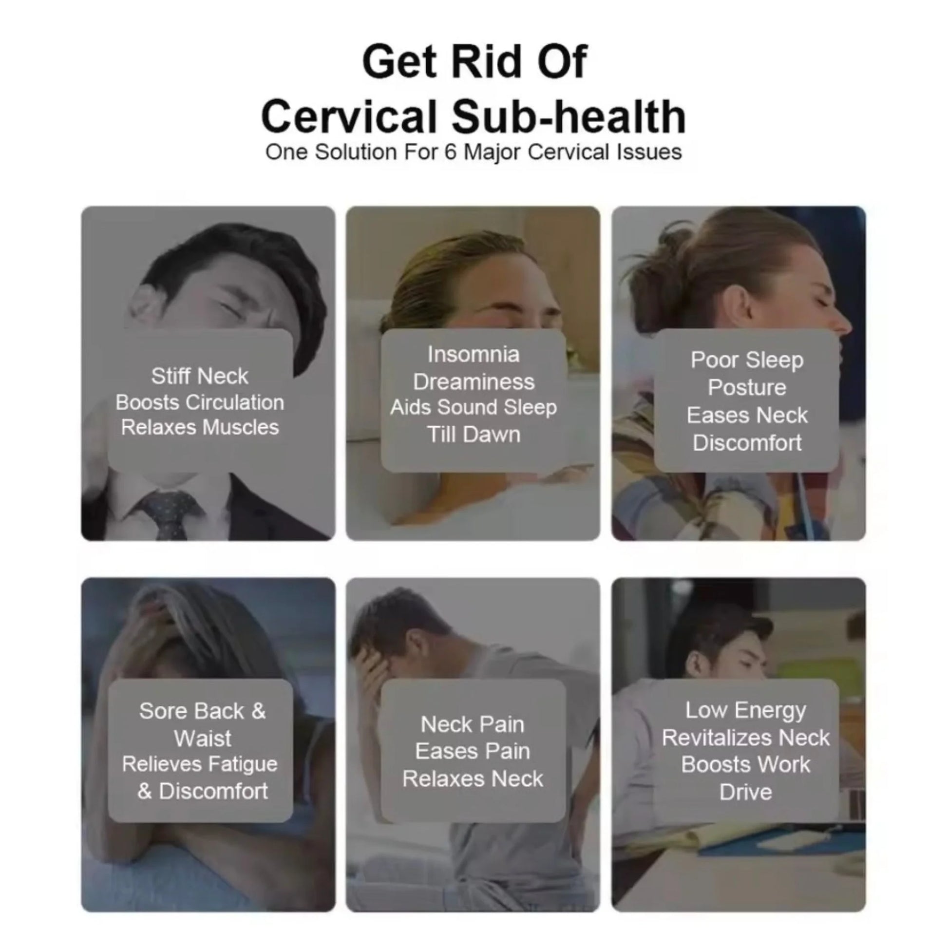 Infographic showing six common cervical issues including insomnia, stiff neck, poor sleep posture, sore back, neck pain and low energy with benefits of the 8D EMS neck massager for relief and relaxation