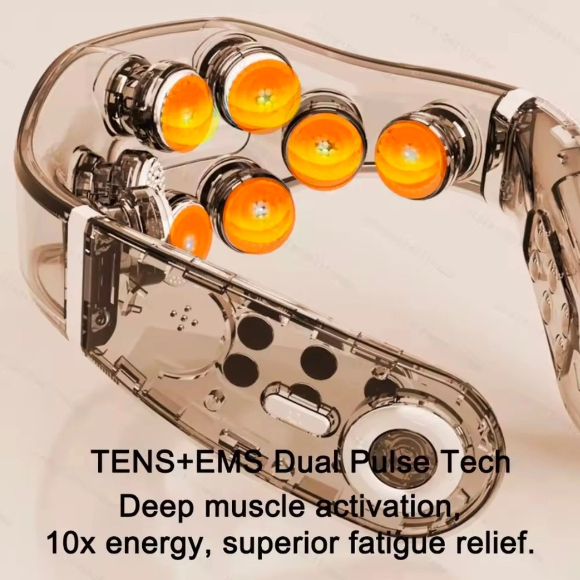 8D EMS neck massager in TENS and EMS dual pulse mode for deep muscle activation and enhanced fatigue relief