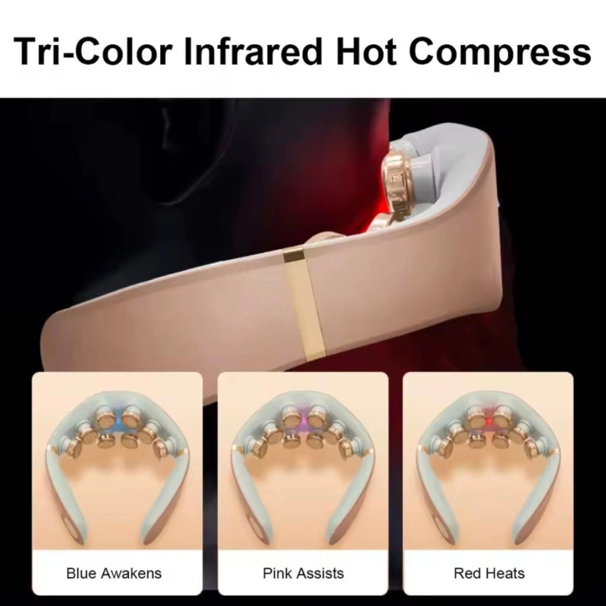8D EMS neck massager with tri-color infrared hot compress showing blue awakening mode, pink assist mode, and red heat therapy mode