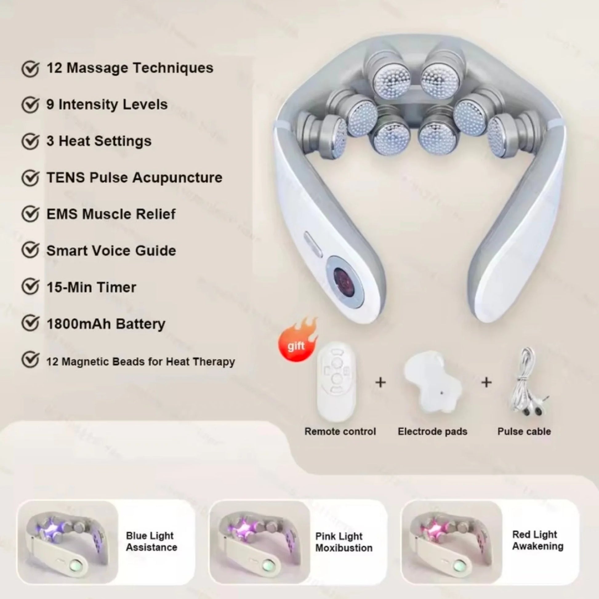 8D EMS neck massager with remote control, electrode pads and pulse cable featuring 12 massage techniques, 9 intensity levels, 3 heat settings, TENS acupuncture, EMS muscle relief, smart voice guide, 15-minute timer, 1800mAh battery, magnetic heat beads and blue, pink and red light therapy modes