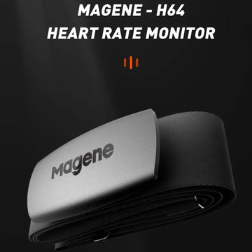 Close-up of Magene H64 heart rate monitor sensor showing ANT+ and Bluetooth tracking module