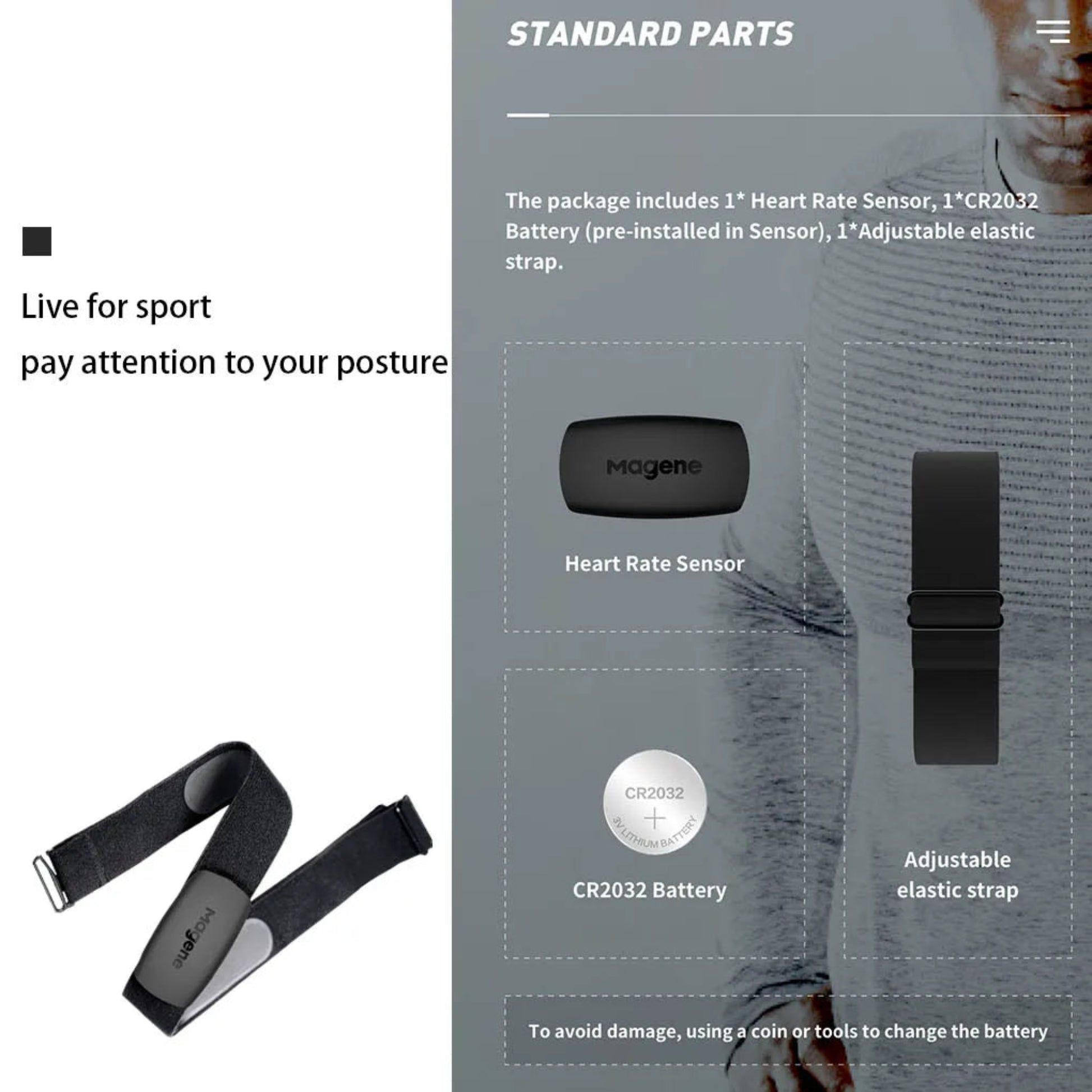 Magene H64 ANT+ and Bluetooth heart rate monitor box contents including strap and sensor unit