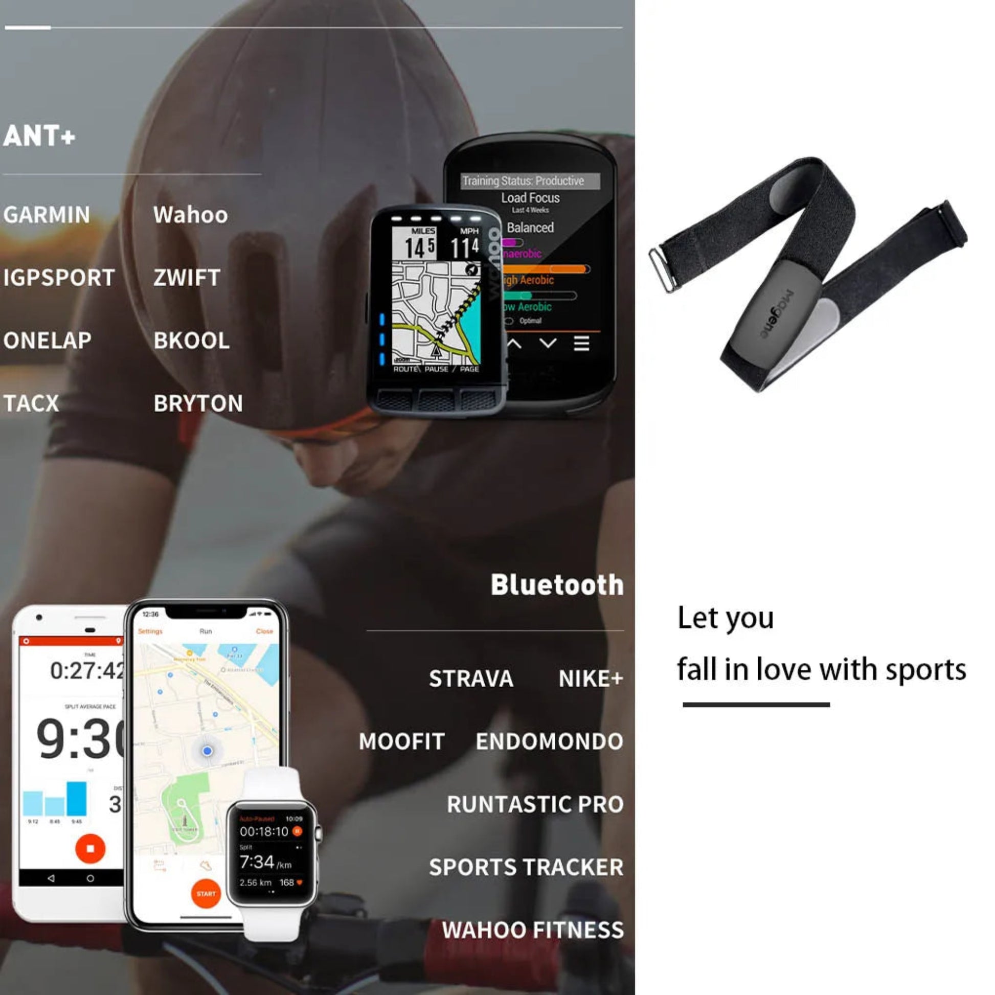 Magene H64 heart rate monitor showing ANT+ and Bluetooth connectivity compatibility for fitness devices