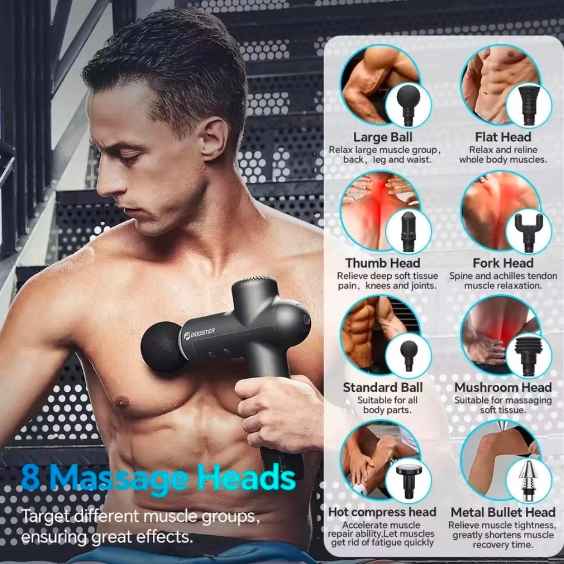 Man using Booster Lightsaber Pro deep tissue massage gun with split layout showing 8 interchangeable massage heads and their functions for full body muscle recovery and relaxation