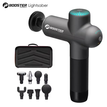 Booster Lightsaber Pro deep tissue massage gun shown with included accessories laid out