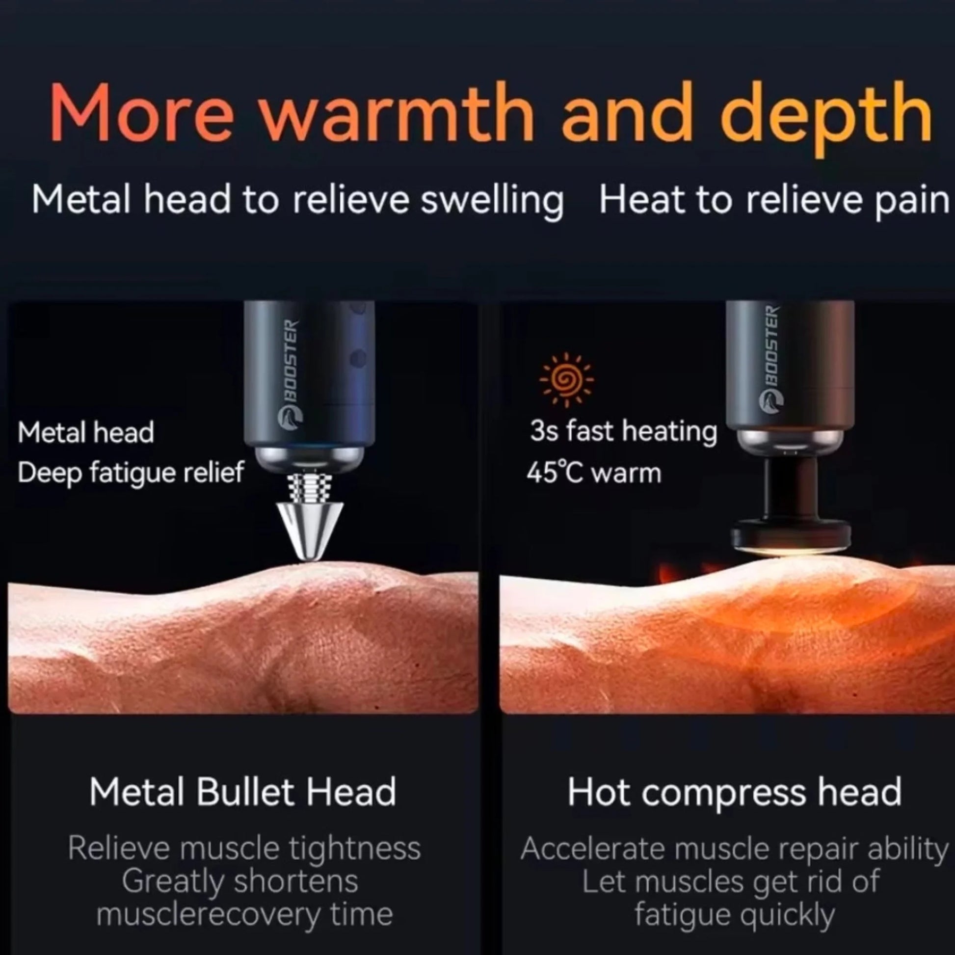 Booster Lightsaber Pro massage gun showing interchangeable metal heads including hot compress bullet head with 45°C fast heating, designed to relieve muscle tightness, reduce swelling, and speed up recovery after exercise