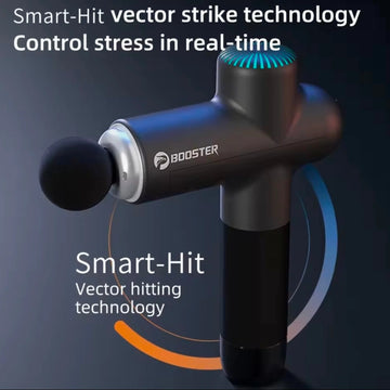 Booster Lightsaber Pro deep tissue massage gun featuring Smart-Hit vector strike technology with real-time stress control text overlay