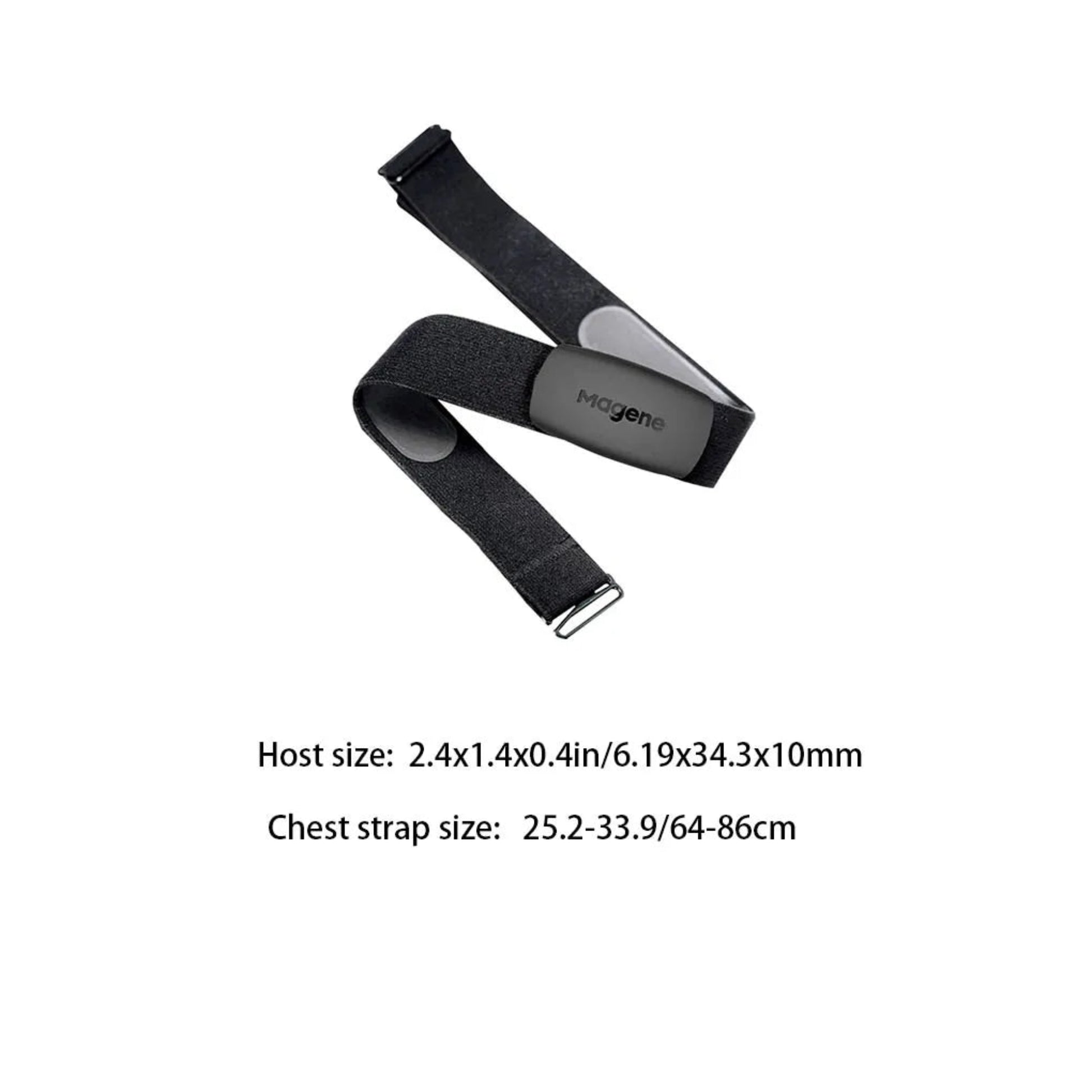 Magene H64 heart rate monitor measurements showing strap length and sensor dimensions