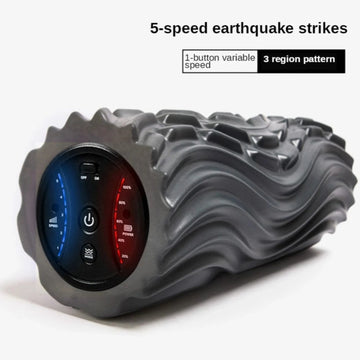 Pro vibration foam roller showing 5 speed earthquake vibration modes for deep tissue muscle recovery and adjustable intensity massage