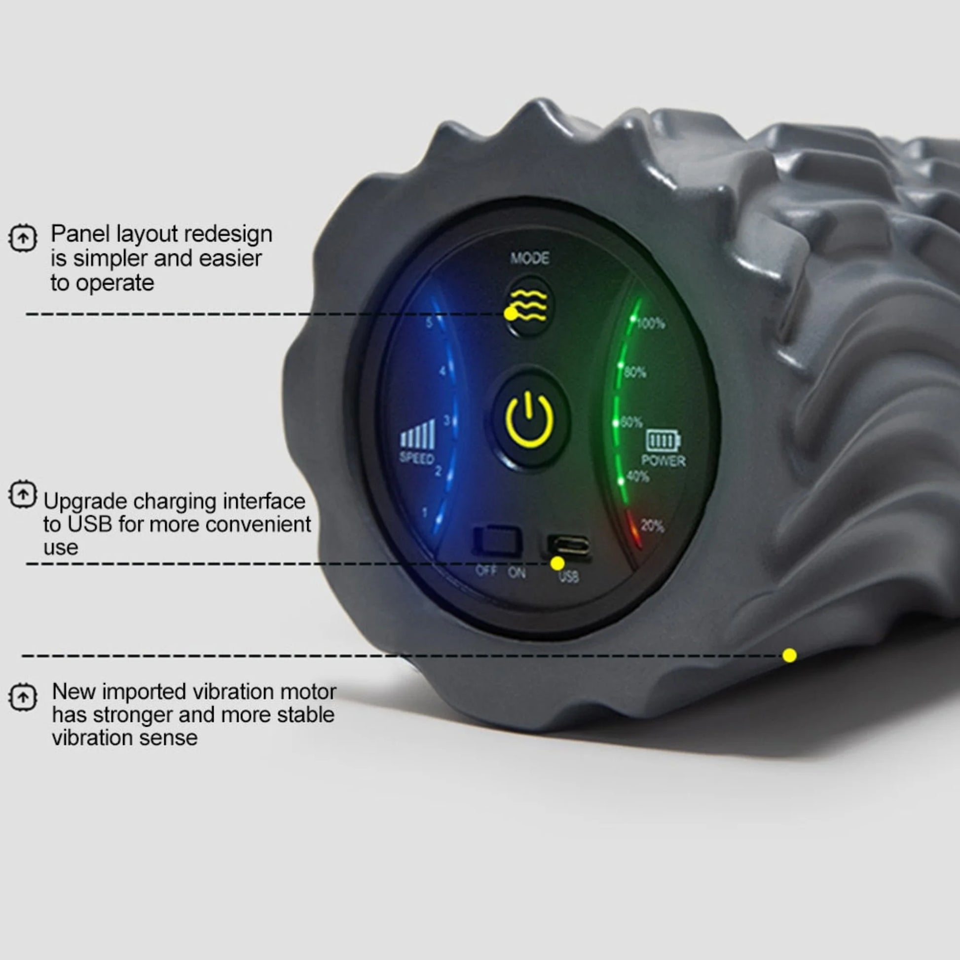 Close-up of pro vibration foam roller control panel with power button and adjustable speed settings for customised deep tissue massage intensity