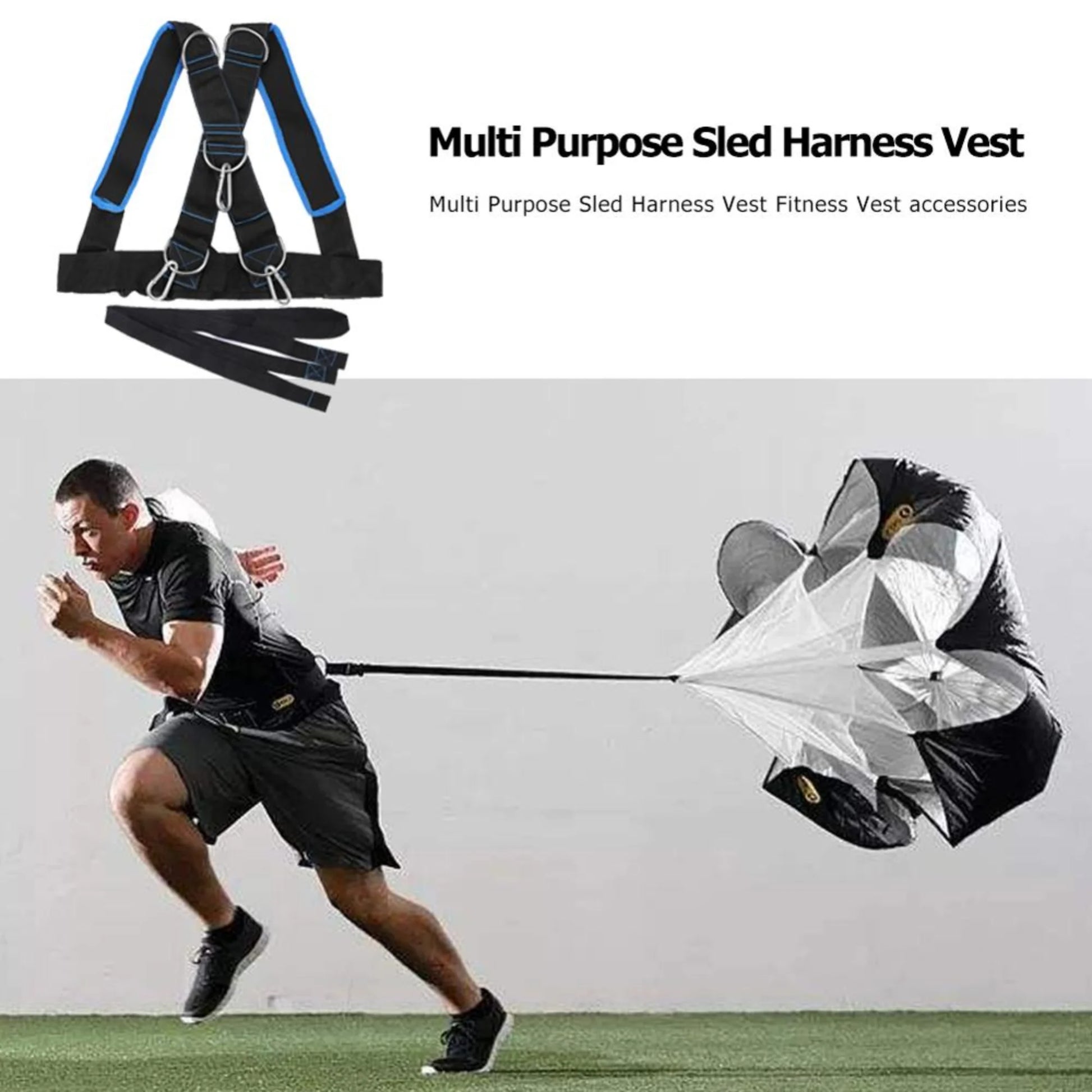Athlete using speed running training sled vest in parachute resistance mode to improve sprint speed, acceleration, and power development