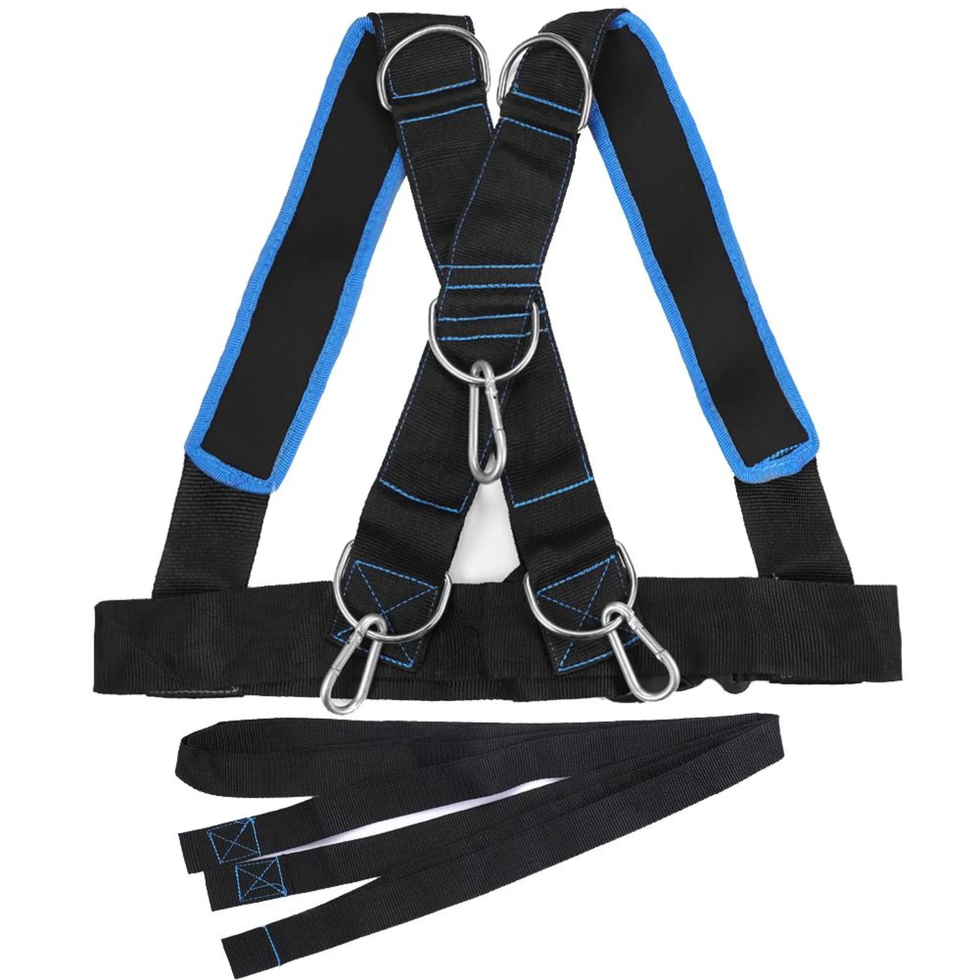 Speed running training sled vest shown with accessories kit including resistance straps, clips, and attachments for multi-purpose sprint and strength training exercises