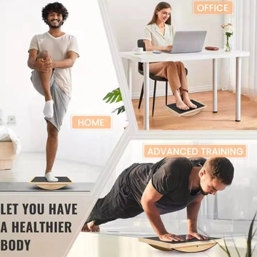People using The Fitness Hut wooden balance board for core training, rehab exercises and stability workouts