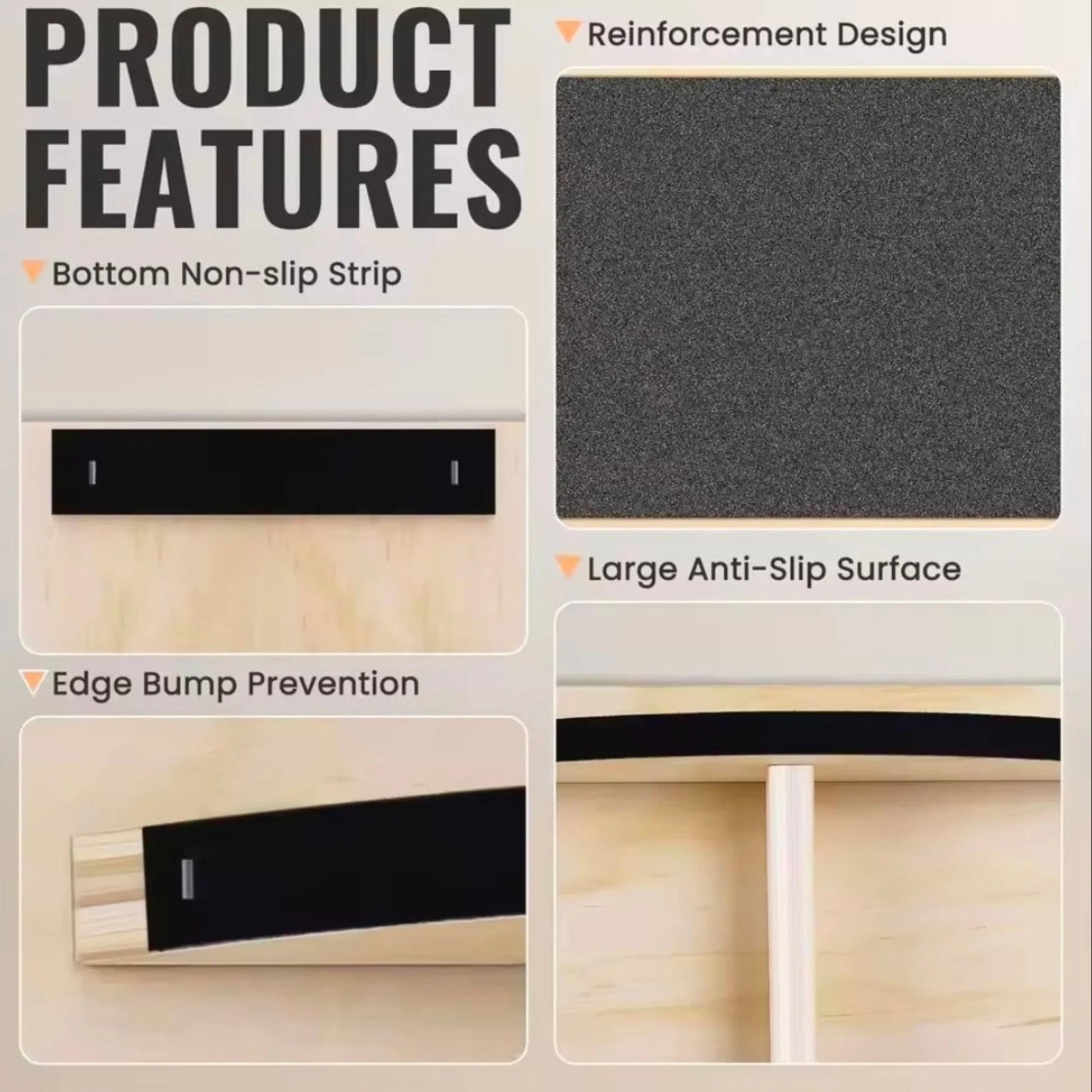 Key features of The Fitness Hut wooden balance board including anti-slip surface, curved base and durable wood construction