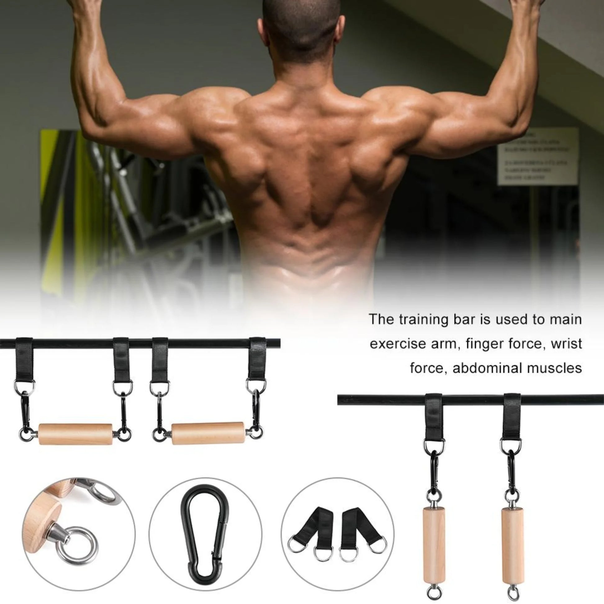 Complete Workout Bouldering Pull Up Set including 45mm beechwood grips, reinforced straps and steel hardware