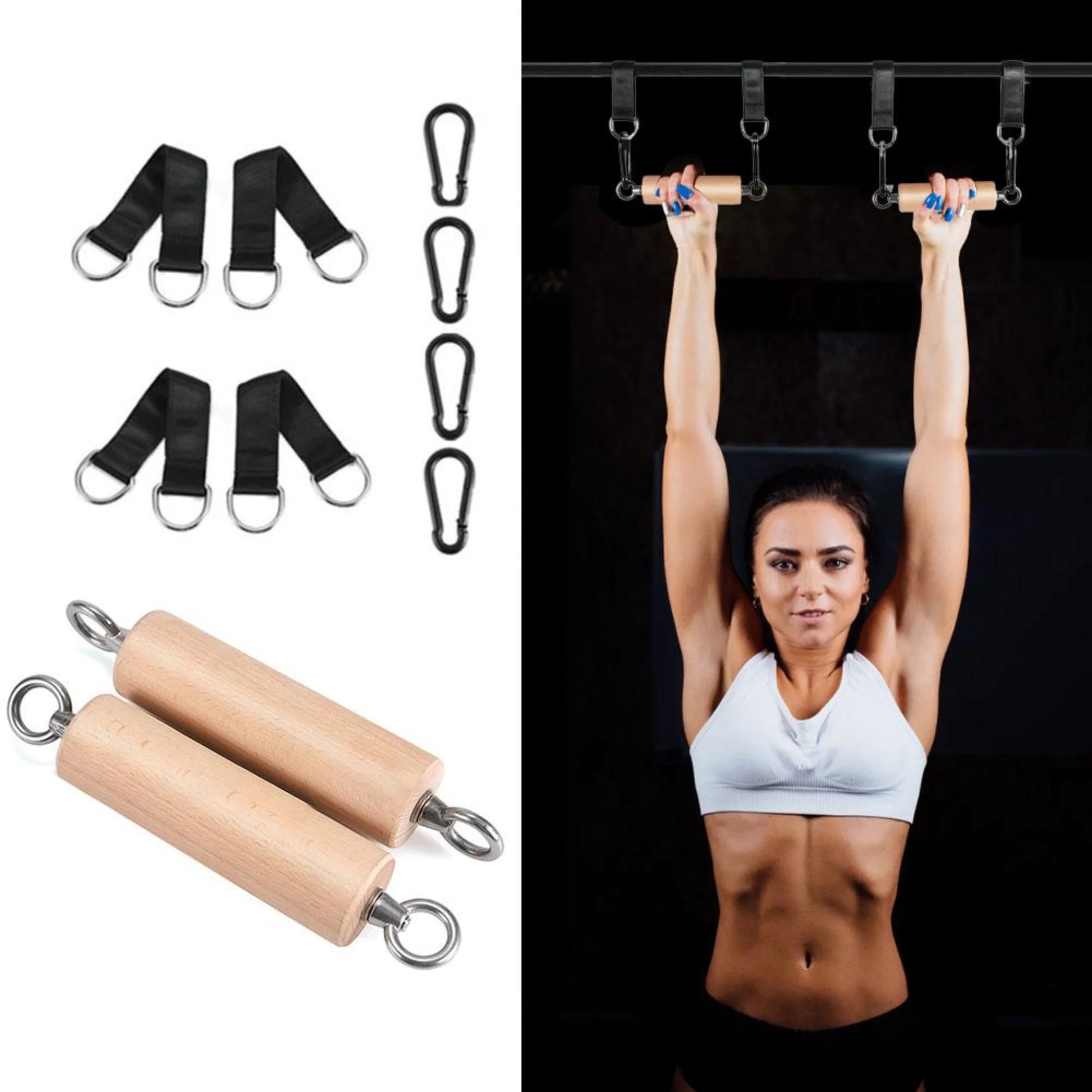 Workout Bouldering Pull Up Set showing complete kit with beechwood grips and straps alongside athlete performing pull up training