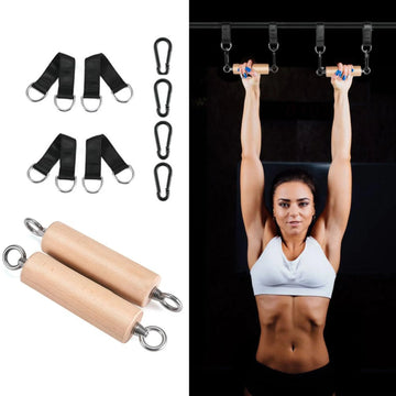 Workout Bouldering Pull Up Set showing complete kit with beechwood grips and straps alongside athlete performing pull up training