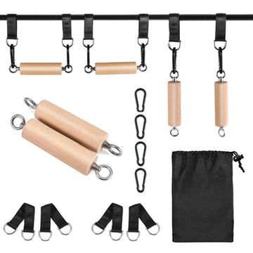 Workout Bouldering Pull Up Set with 45mm beechwood grips and reinforced straps for climbing and grip strength training