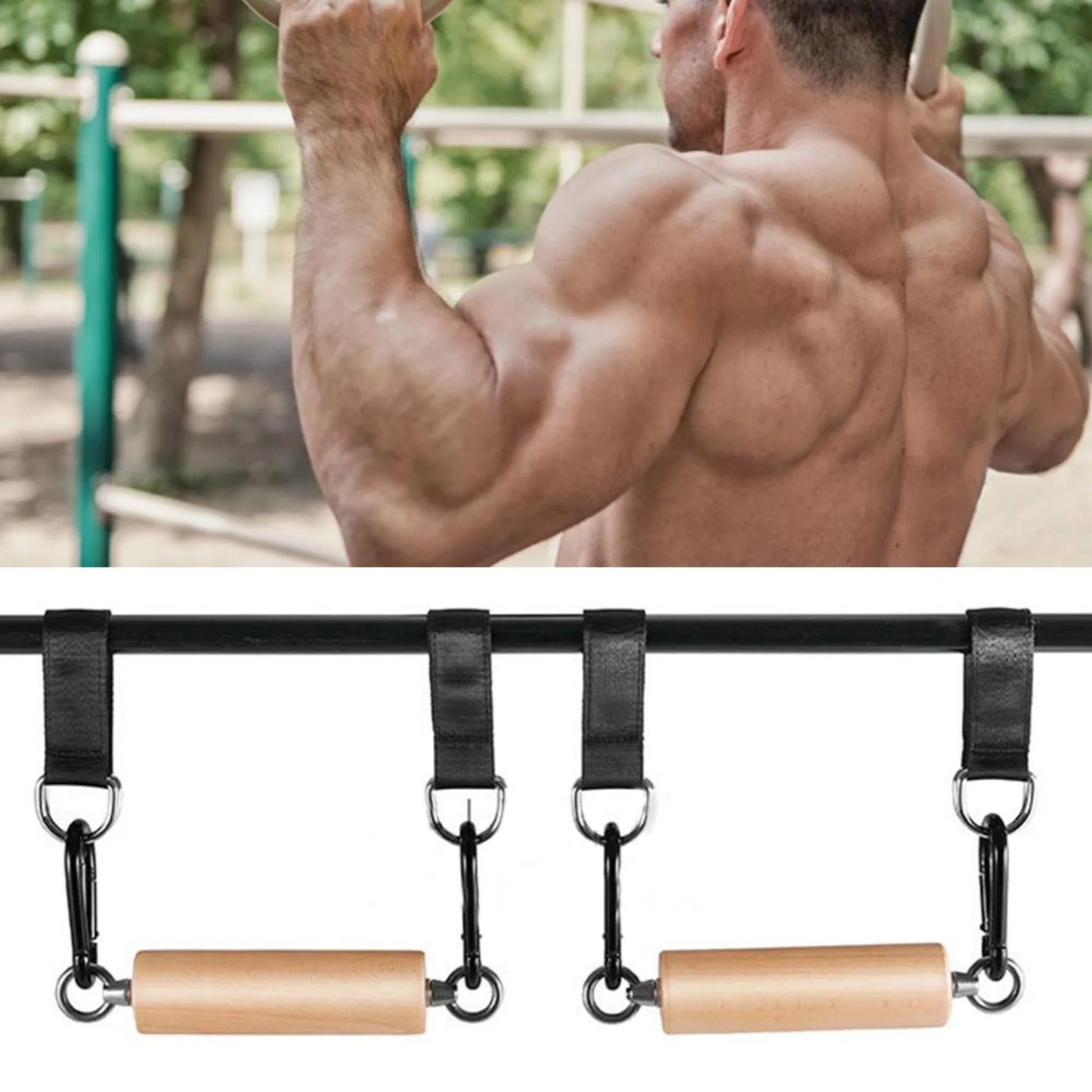 Wooden climbing pull up grips mounted for home gym, outdoor or indoor strength training use